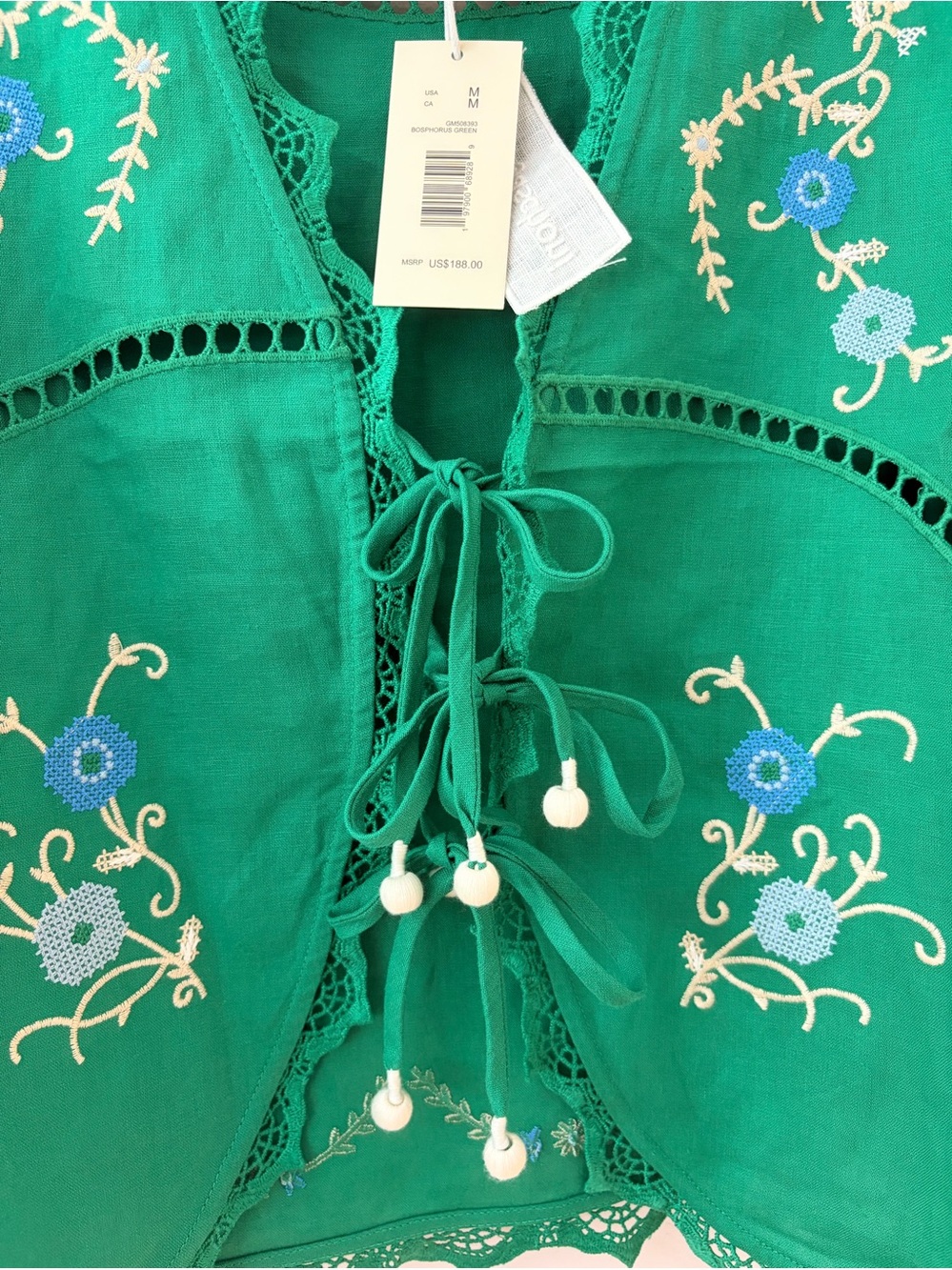 NWT Cotton/Linen Green Embroidered Tie Front Top - Picture 9 of 12